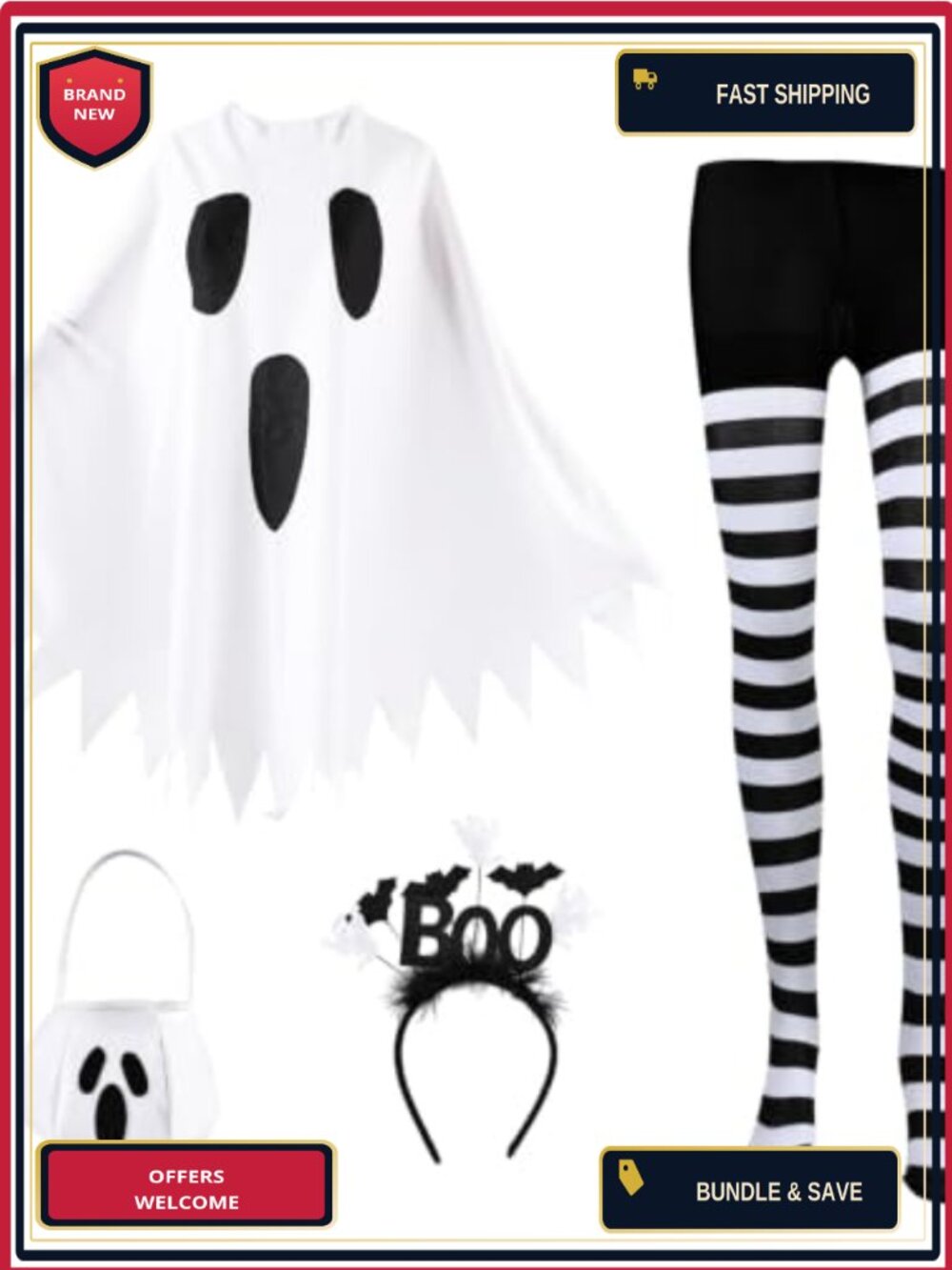 Ghost Poncho Costume Set 4pc with Headband, Candy Bag, Striped Tights